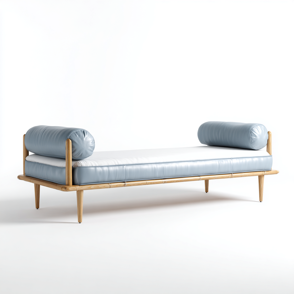 Canapé-lit cuir et bois 196x78x72 cm bleu clair - design minimaliste pour chambre-Placidovae