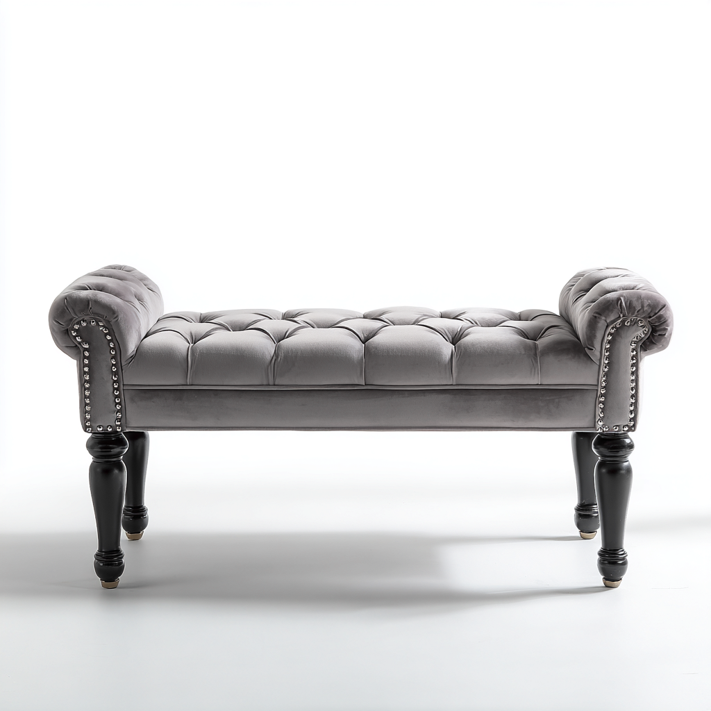 Banc de lit - velours - 120x40x50 cm - gris - noir - pour chambre - style classique-Placidovae