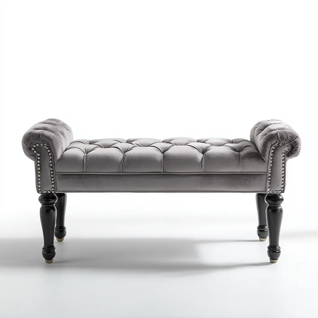 Banc de lit - velours - 120x40x50 cm - gris - noir - pour chambre - style classique-Placidovae