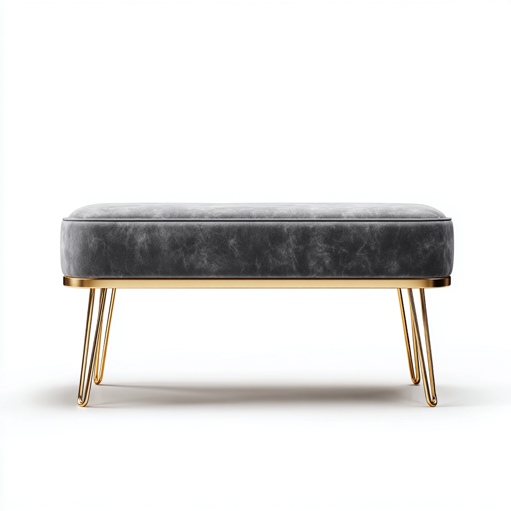 Banc de lit velours 108x40x46 cm gris avec pieds métal doré - style moderne pour chambre-Placidovae