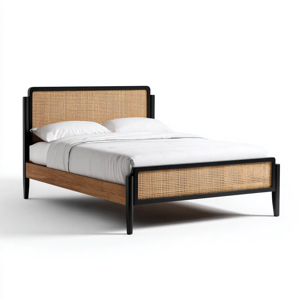 Lit double rotin et bois 200x180x110 cm - bois naturel - noir - blanc - adapté à la chambre - design moderne-Placidovae