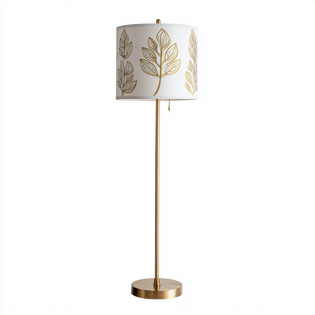Lampadaire métal abat-jour tissu motifs feuilles 35x160 cm - doré - blanc - pour salon - style élégant-Placidovae