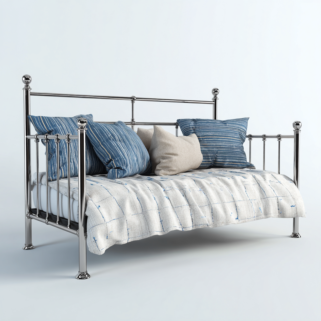 Canapé-lit métal 210x98x114 cm argent pour chambre - style classique avec structure en barreaux-Placidovae