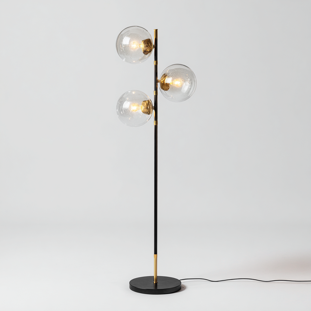 Lampadaire métal et verre noir et doré 30x160 cm - éclairage décoratif moderne à trois globes-Placidovae