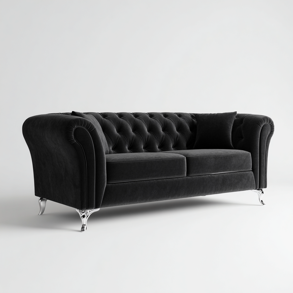 Canapé 2 places velours noir 182x94x77 cm - noir - pour salon - style Chesterfield-Placidovae