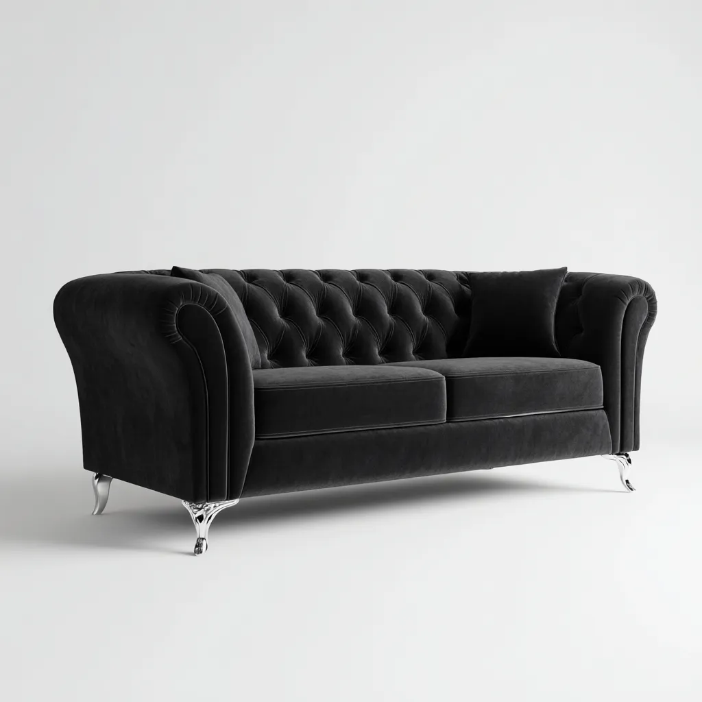 Canapé 2 places velours noir 182x94x77 cm - noir - pour salon - style Chesterfield-Placidovae