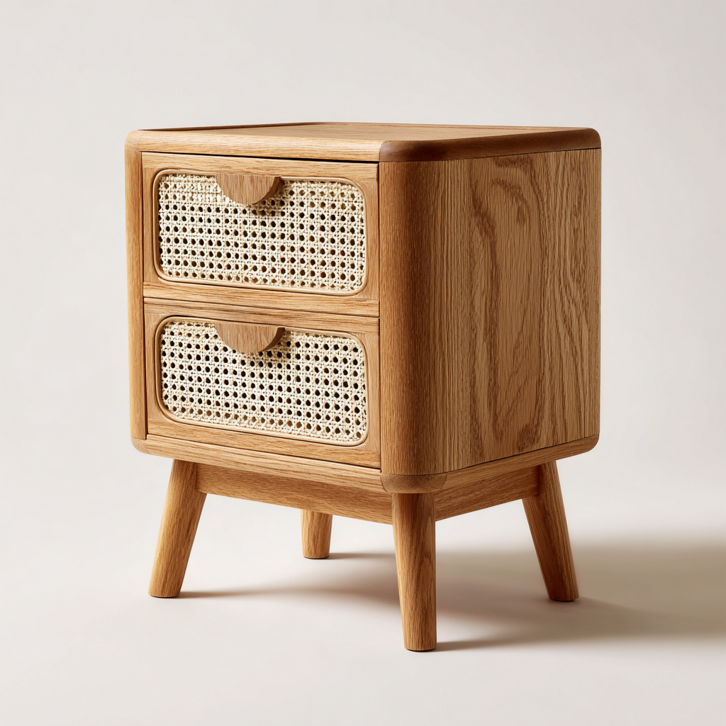 Table de chevet bois massif et rotin 45x35x60 cm - bois naturel - adaptée à la chambre - design moderne-Placidovae