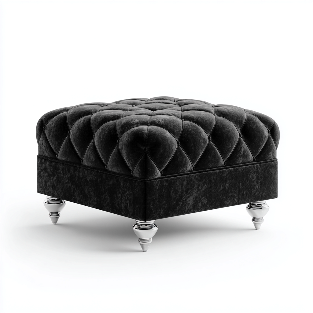 Pouf velours - pieds en metal 60x60x45 cm noir - argent - style luxe moderne - adapte au salon-Placidovae