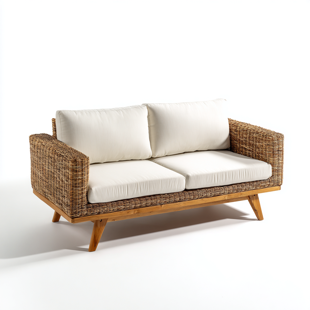 Canapé de jardin en rotin et bois 168x82x83 cm - écru - pour extérieur - style naturel-Placidovae