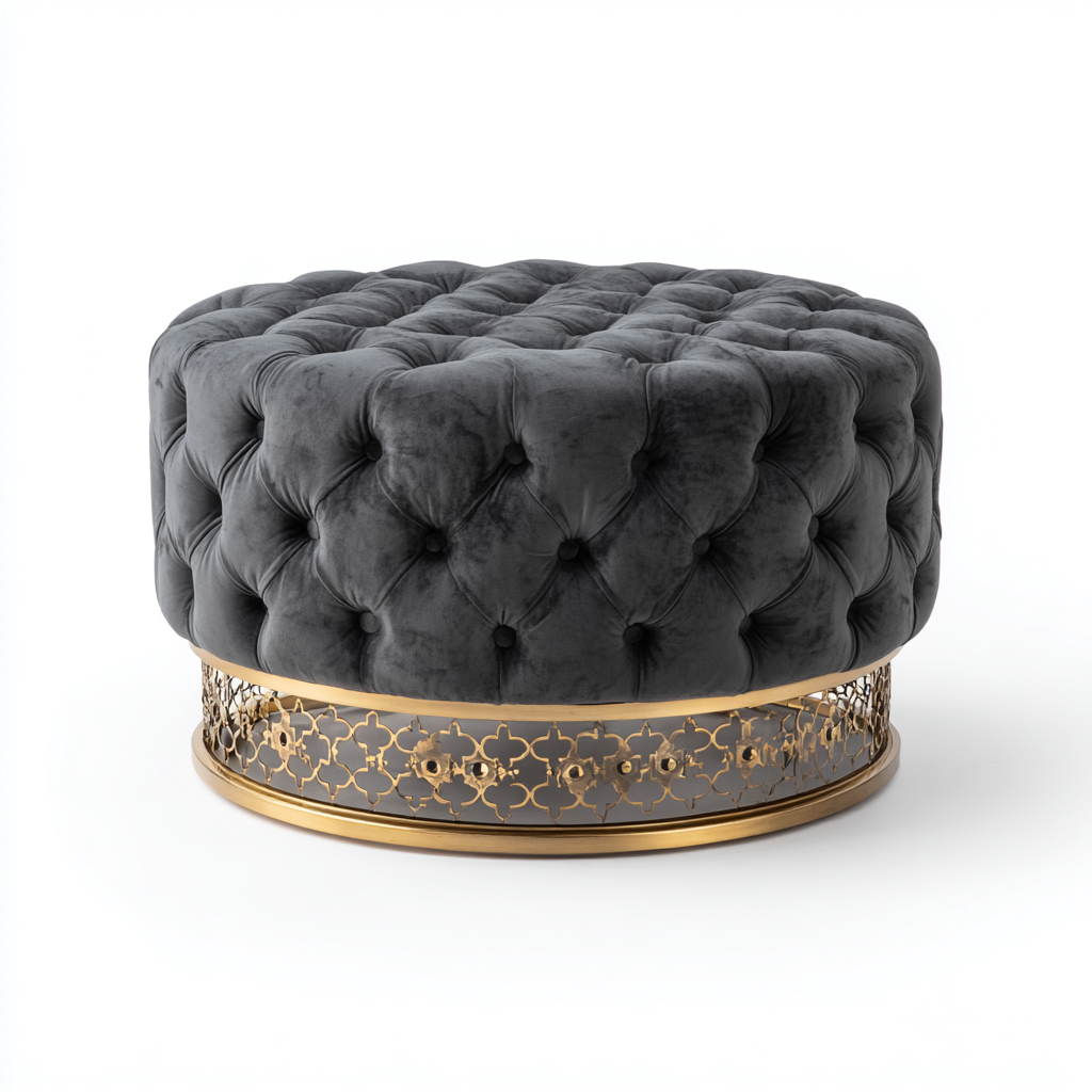 Pouf velours 80x80x45 cm gris fonce - or - style elegant capitonne - adapte au salon-Placidovae