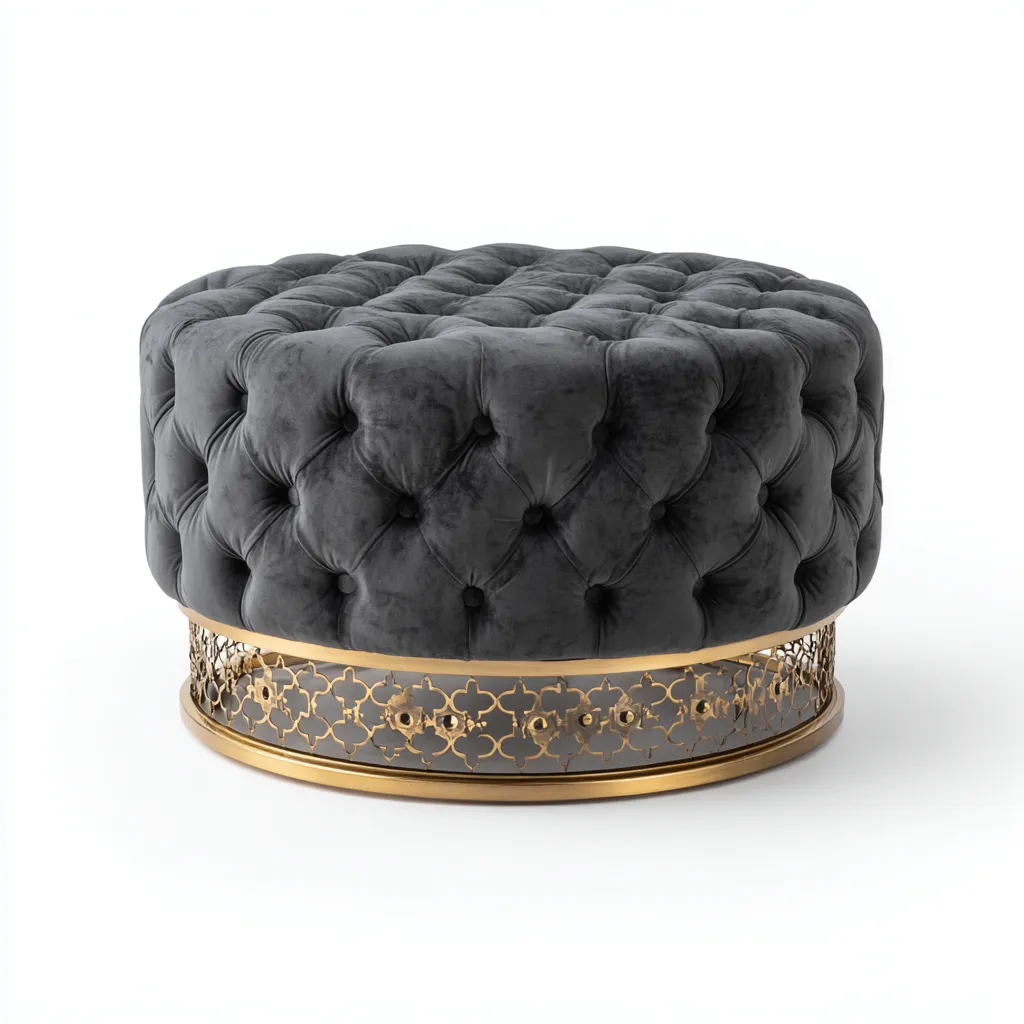 Pouf velours 80x80x45 cm gris fonce - or - style elegant capitonne - adapte au salon-Placidovae