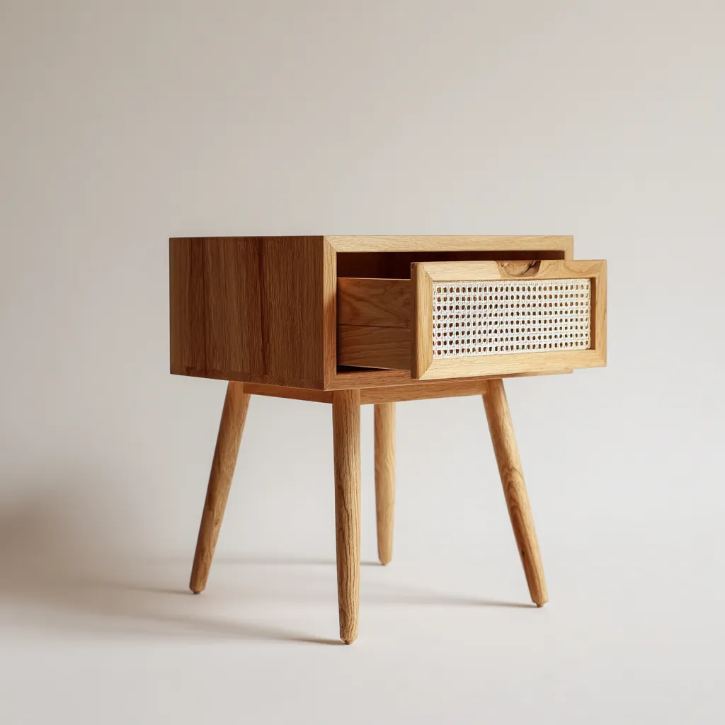 Table de chevet bois massif et rotin 44x32x58 cm - bois naturel - adaptée à la chambre - design moderne-Placidovae