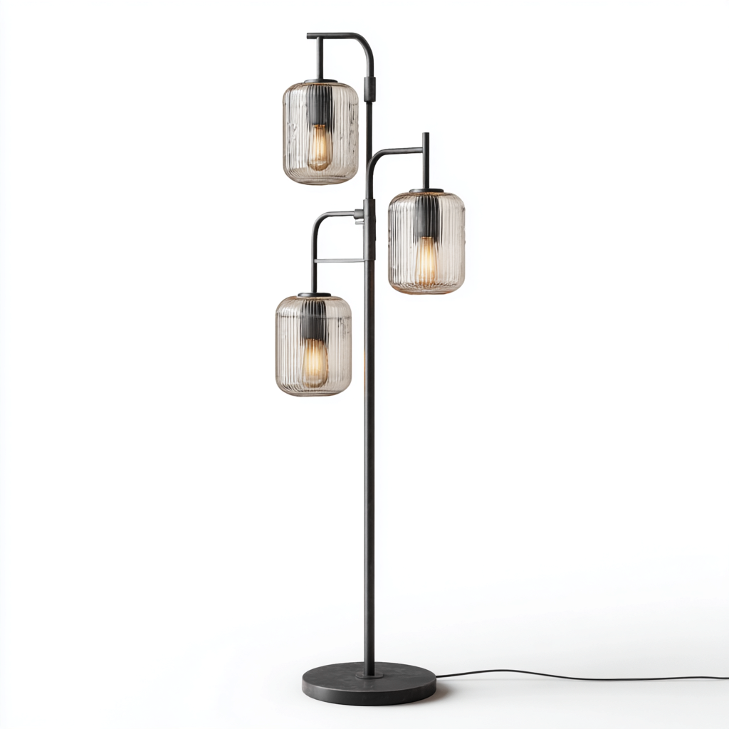 Lampadaire métal abat-jour verre triple 32x165 cm - noir - translucide - pour salon - style moderne industriel-Placidovae