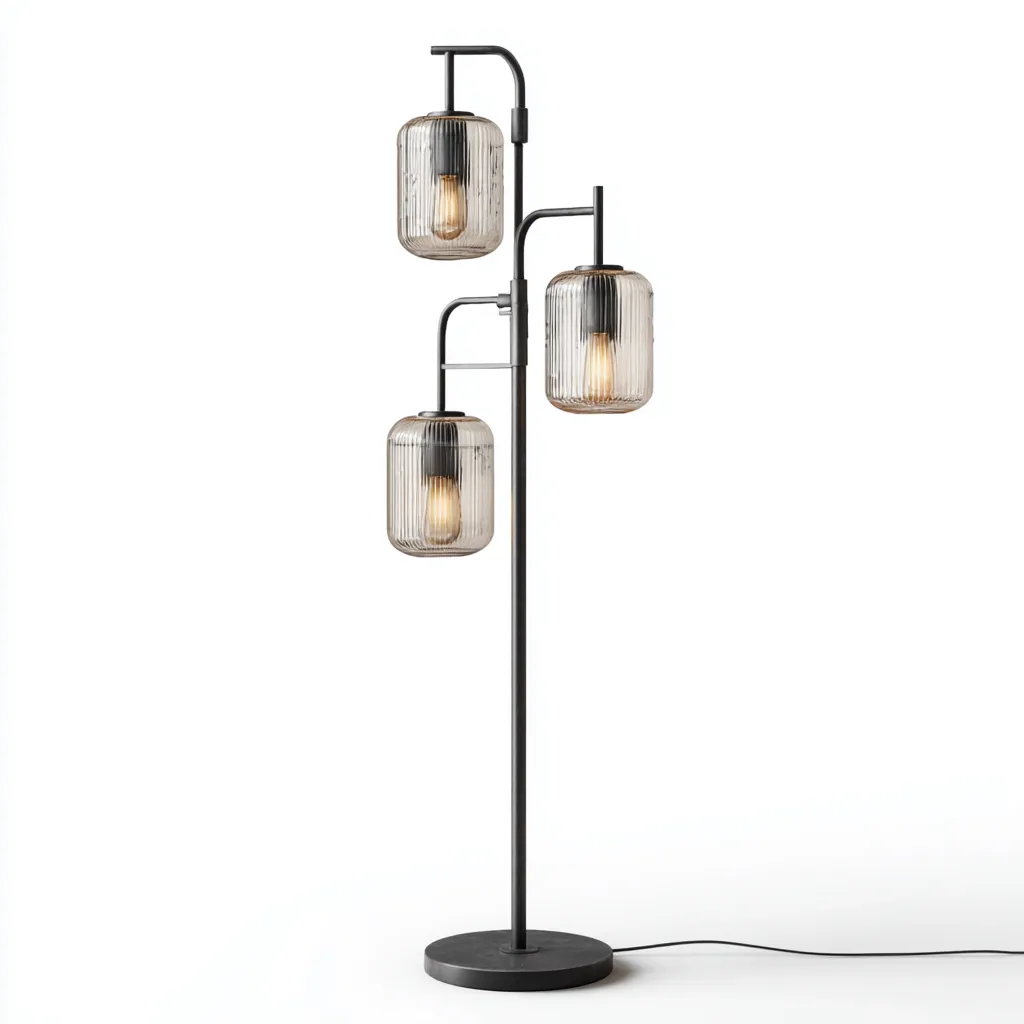 Lampadaire métal abat-jour verre triple 32x165 cm - noir - translucide - pour salon - style moderne industriel-Placidovae