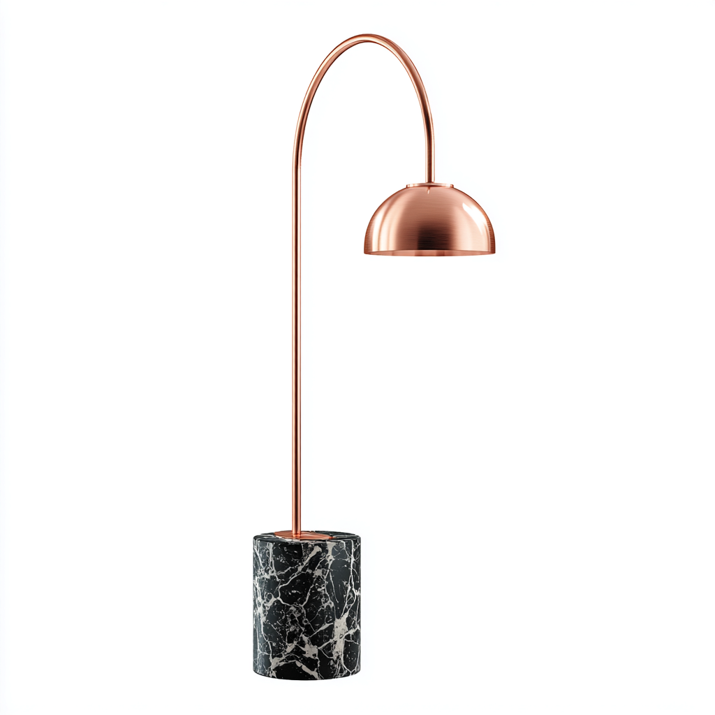 Lampadaire métal cuivré base marbre noir 28x160 cm - pour salon - bras courbé moderne-Placidovae