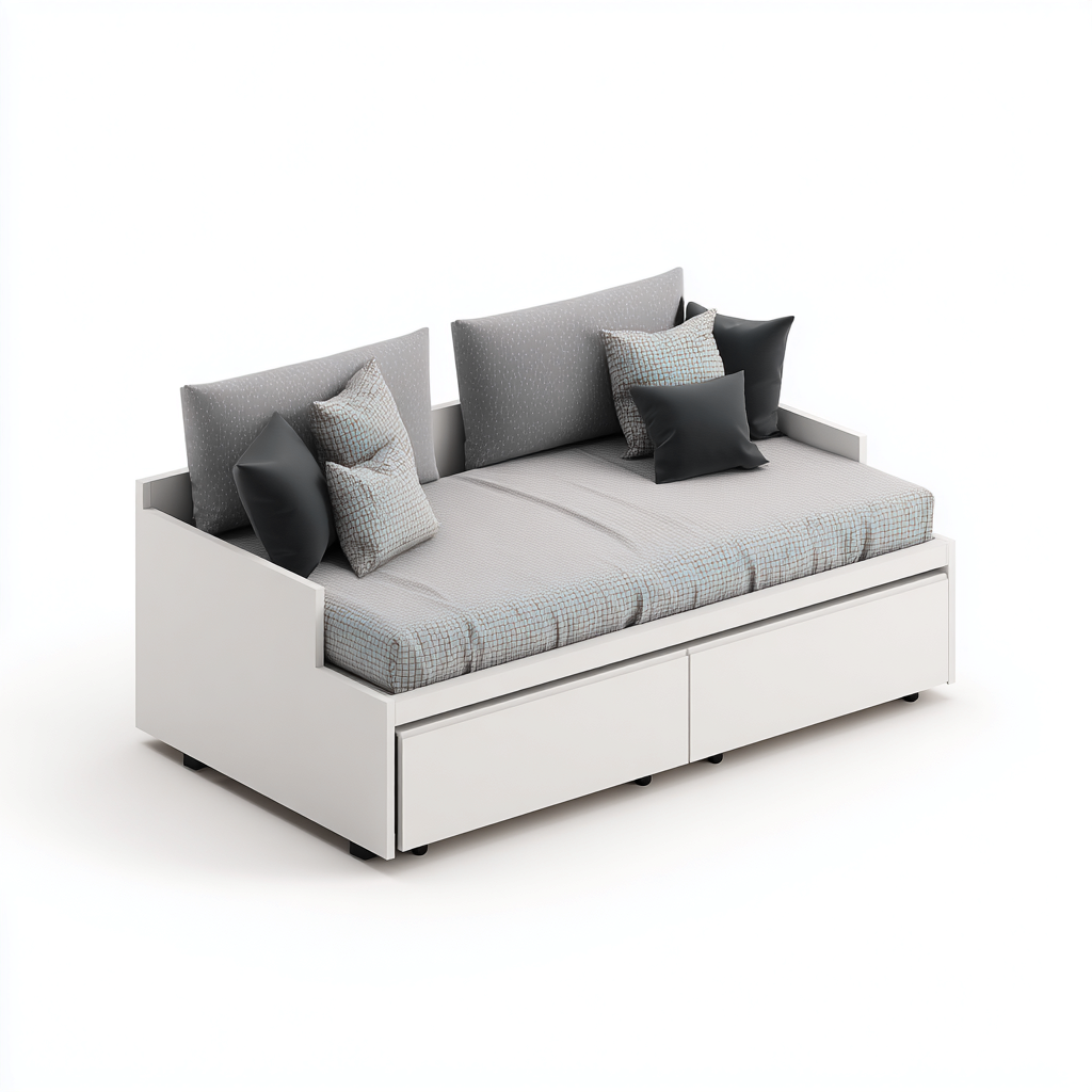 Canapé-lit bois et tissu 209x95x90 cm blanc - gris clair pour chambre - design moderne avec tiroirs de rangement-Placidovae