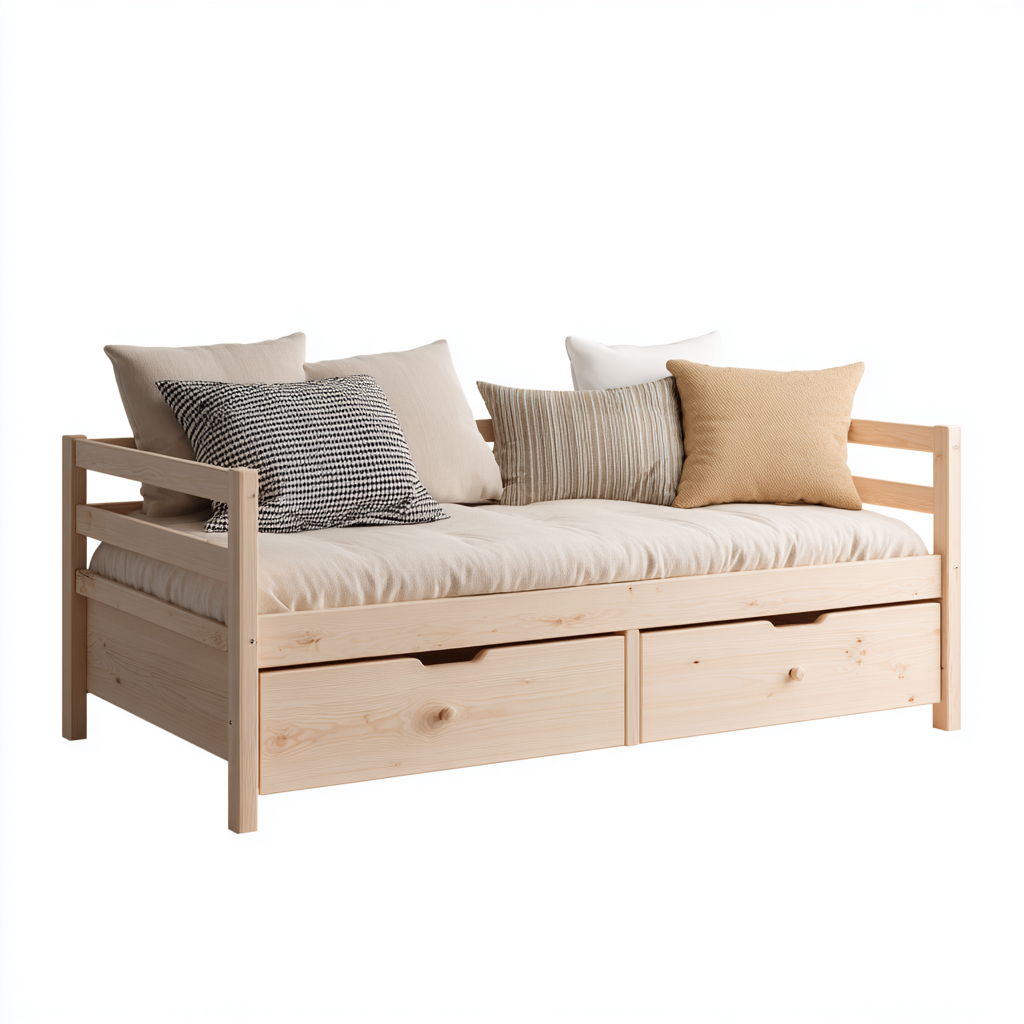 Canapé-lit bois et tissu 213x99x90 cm bois clair - beige pour chambre - design fonctionnel avec tiroirs de rangement-Placidovae