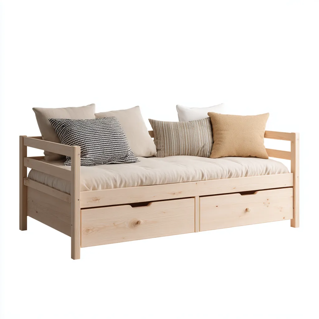 Canapé-lit bois et tissu 213x99x90 cm bois clair - beige pour chambre - design fonctionnel avec tiroirs de rangement-Placidovae