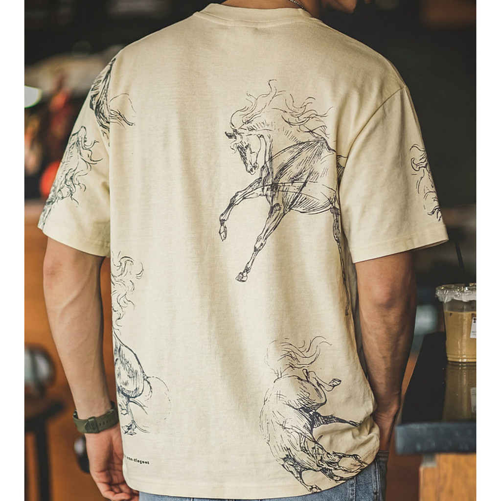 Wuluwear American Linen Blended Year of the Horse Printed Short-Sleeved T-Shirt Men Summer Loose All-Match Round Neck Design Bott