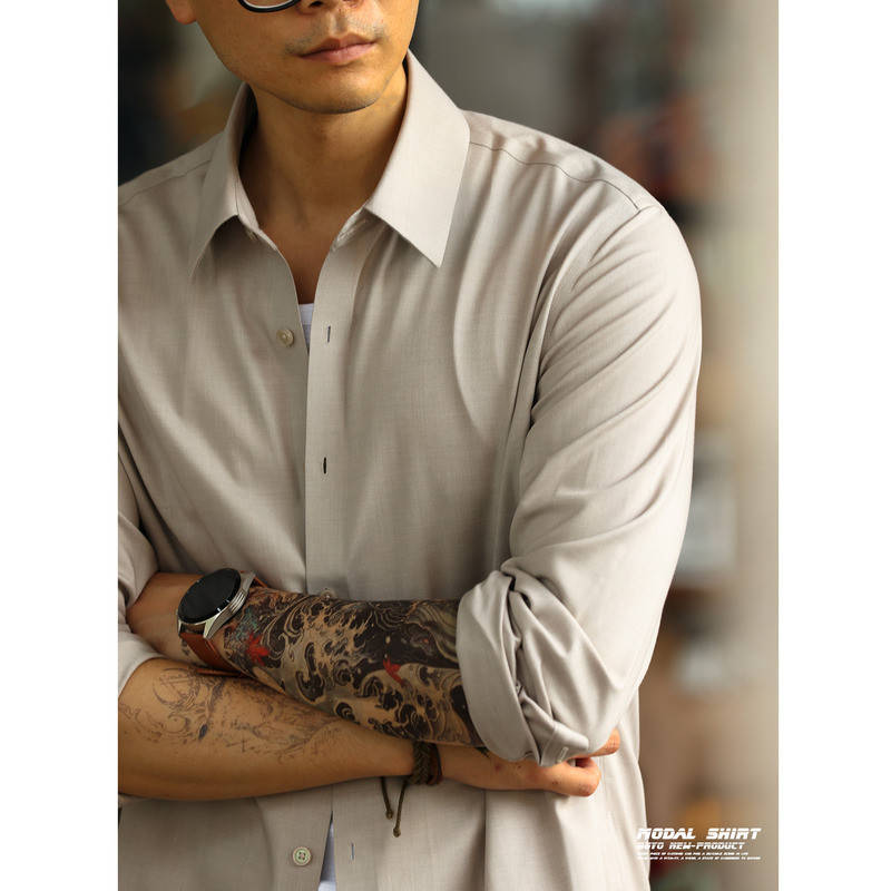 Wuluwear Anti-Wrinkle Non-Iron Modal Long-Sleeved Shirt Men American Casual Commuter Outer Shirt Bottoming Shirt