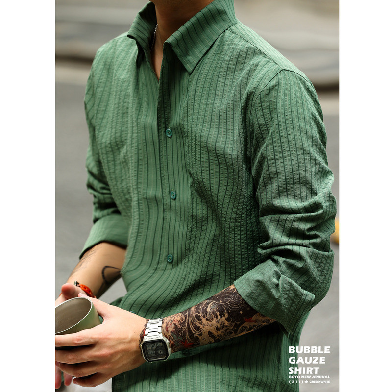 Wuluwear American Micro-Pleated Striped Texture Long-Sleeved Shirt Men Yuppie Old Money Style Casual Shirt Autumn