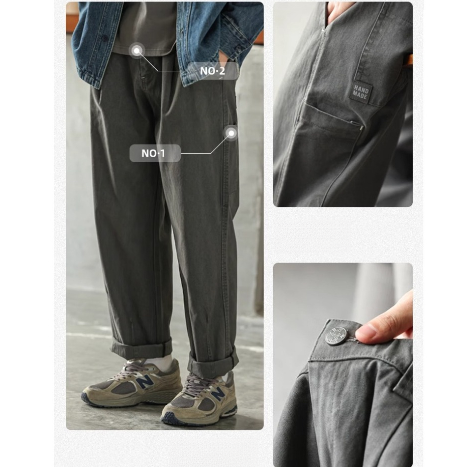 Combed Cotton Overalls Loggy Pants Men vintage Loose Casual All-Match Wide-Leg Straight Pants