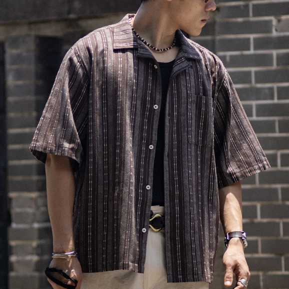 Cuban Collar Textured Striped Shirt