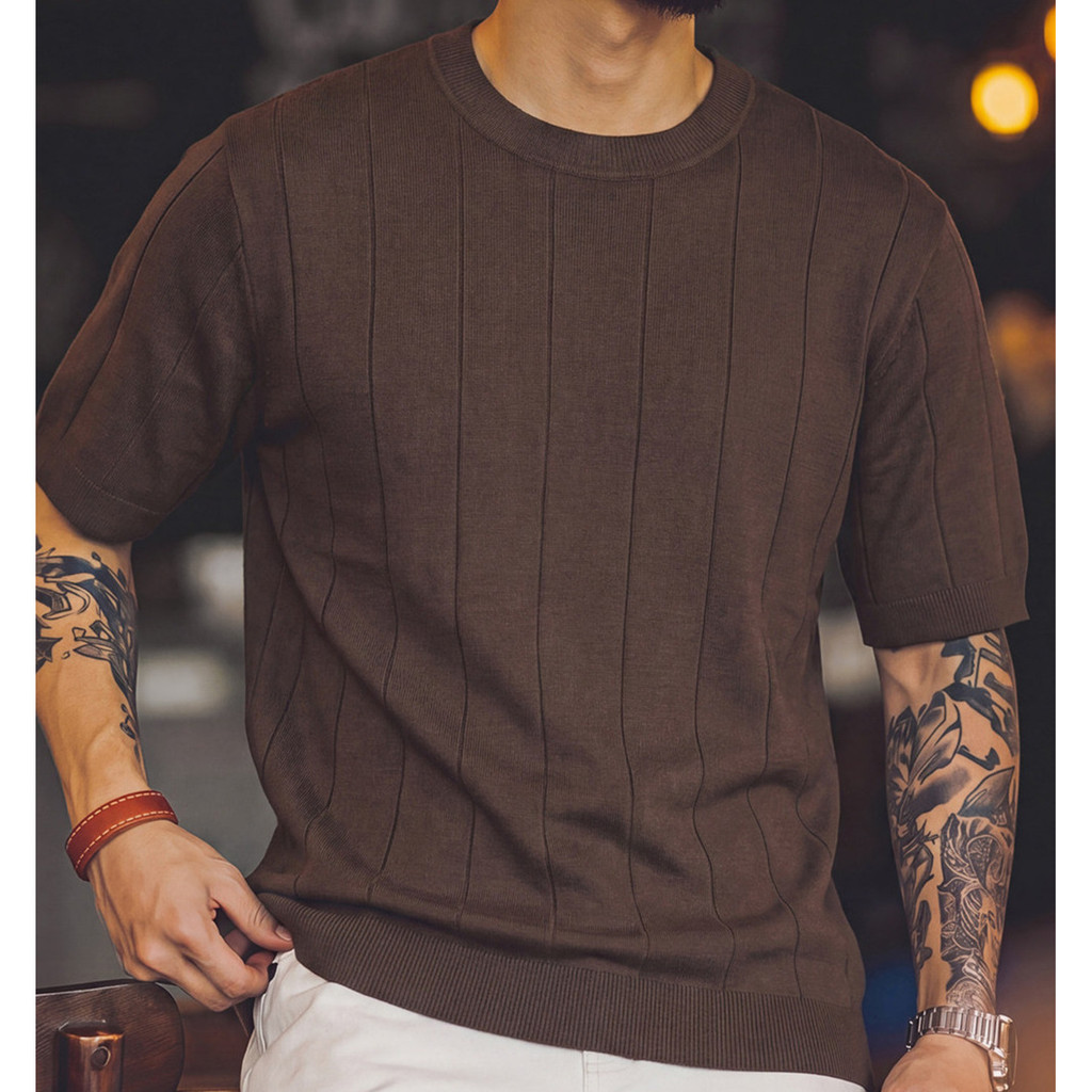 Wuluwear American Retro Solid Color Vertical Pit Strip Knit Short Sleeve Men Summer Old Money Style Loose Thin Style Breathable Round Neck Bottoming Shirt