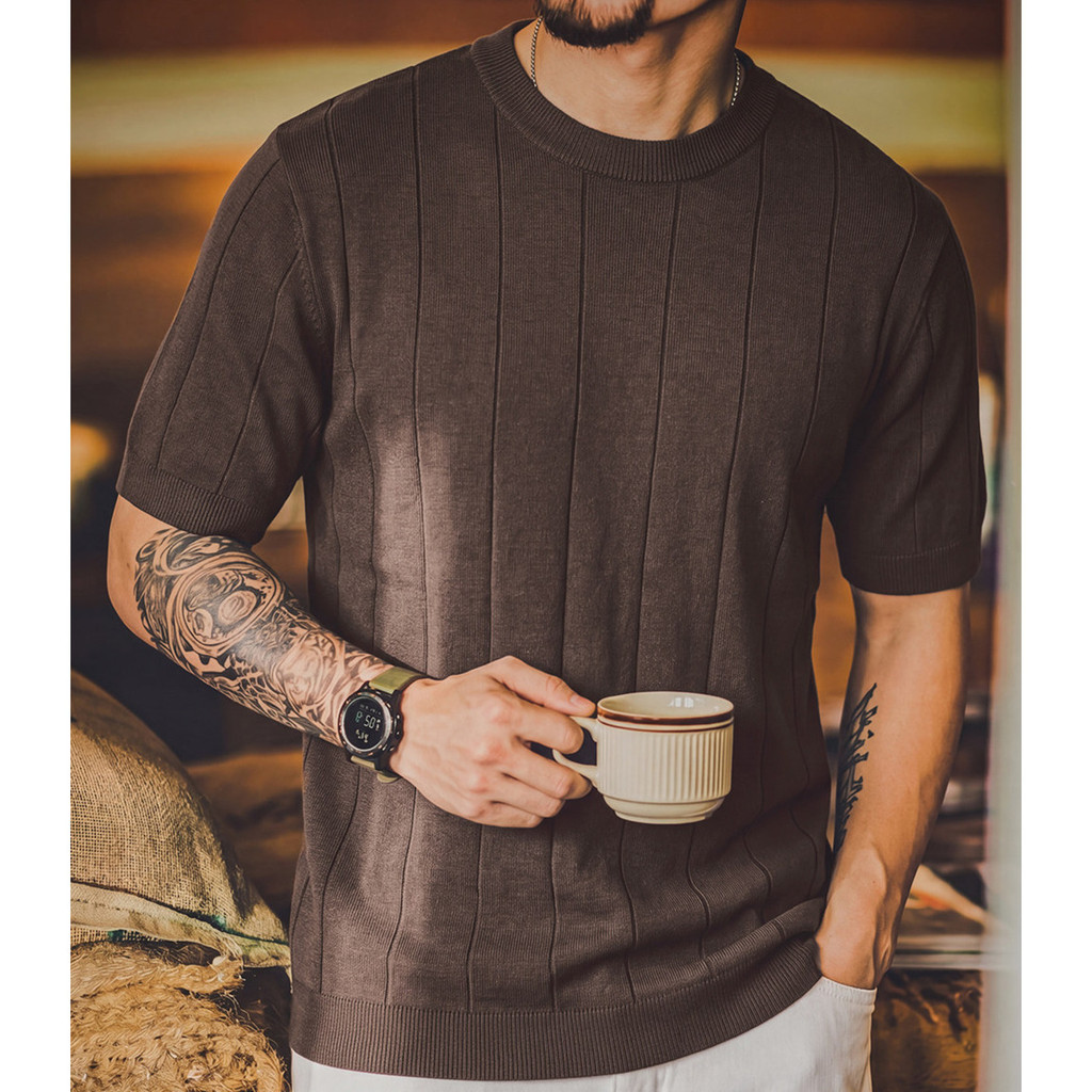 Wuluwear American Retro Solid Color Vertical Pit Strip Knit Short Sleeve Men Summer Old Money Style Loose Thin Style Breathable Round Neck Bottoming Shirt