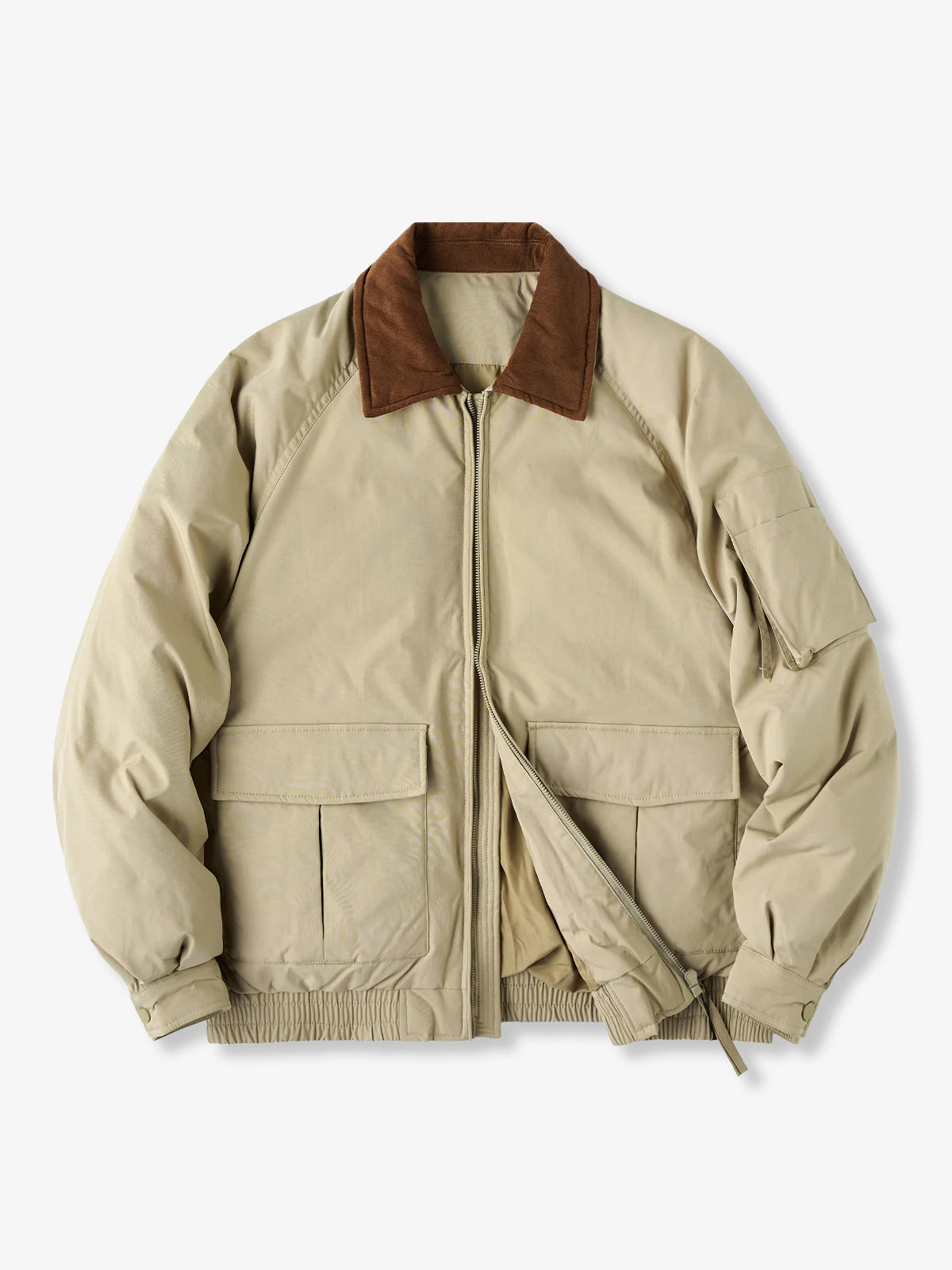 Corduroy-Collar Down Jacket with Cigarette Pockets