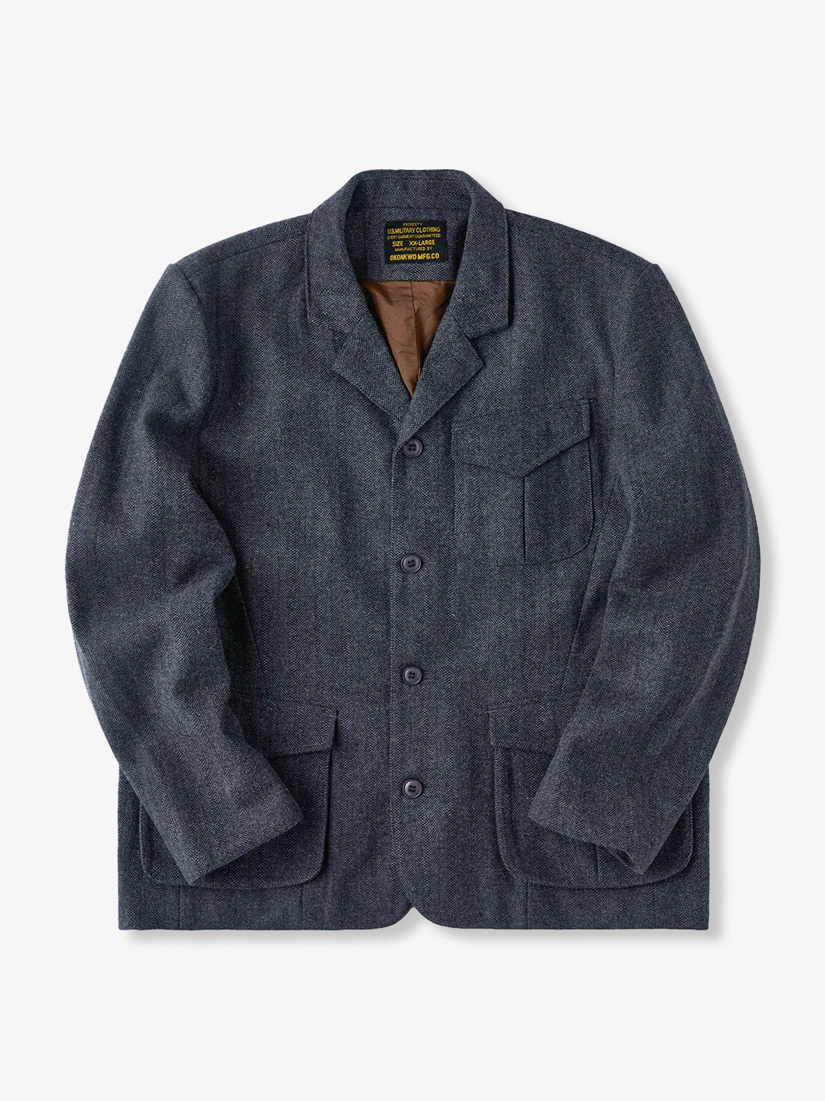 Wool-Blend Herringbone Tailored Jacket with Chin Strap Button