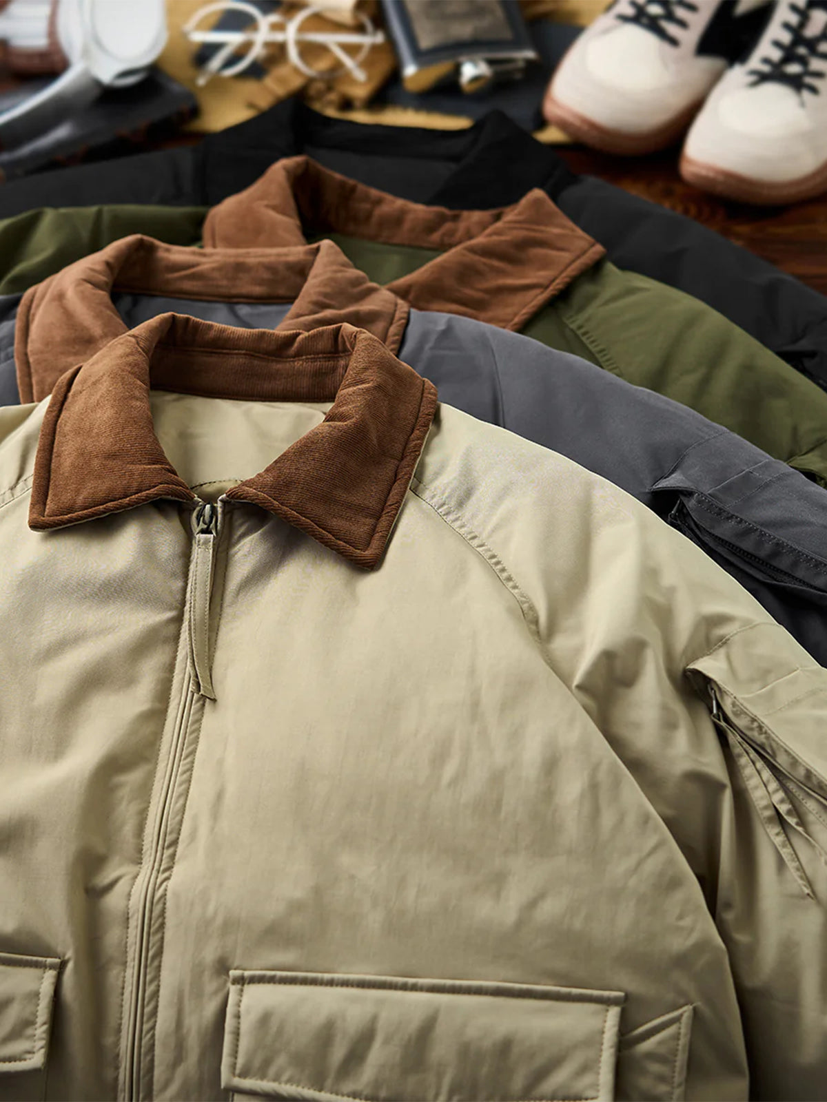 Corduroy-Collar Down Jacket with Cigarette Pockets