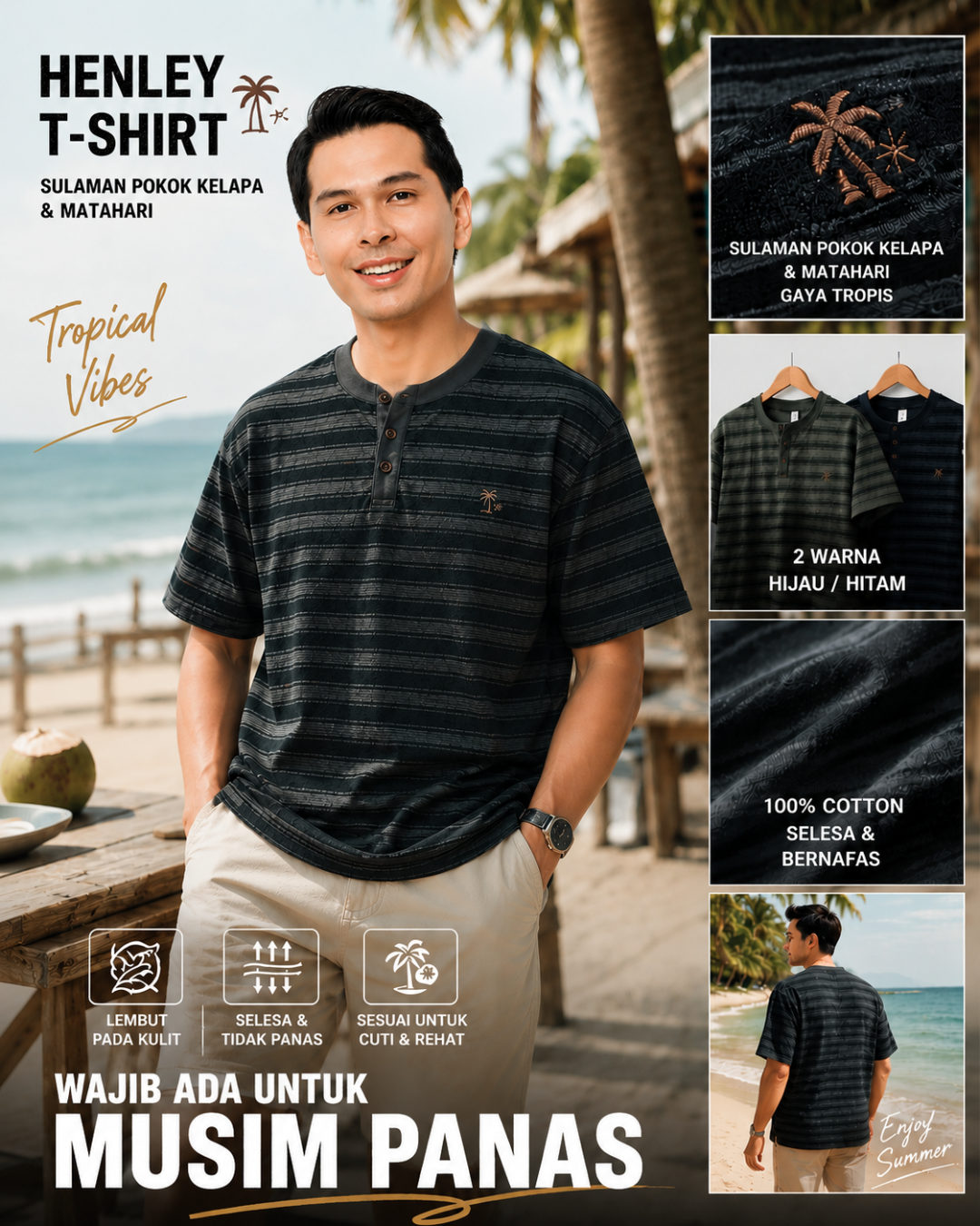 Striped Henry Collar Textured T-Shirt