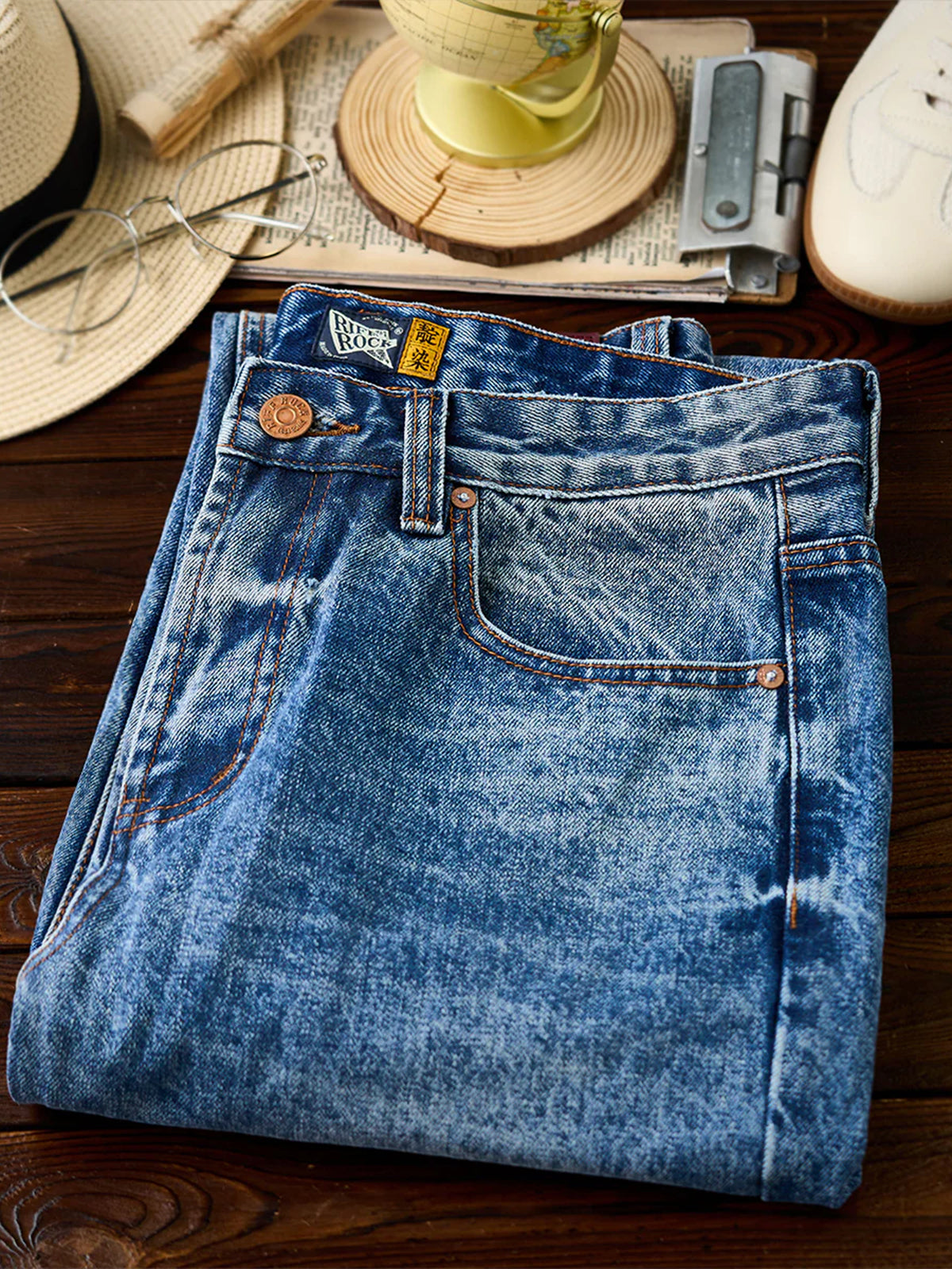 Washed & Whiskered Blue Straight Denim Pants