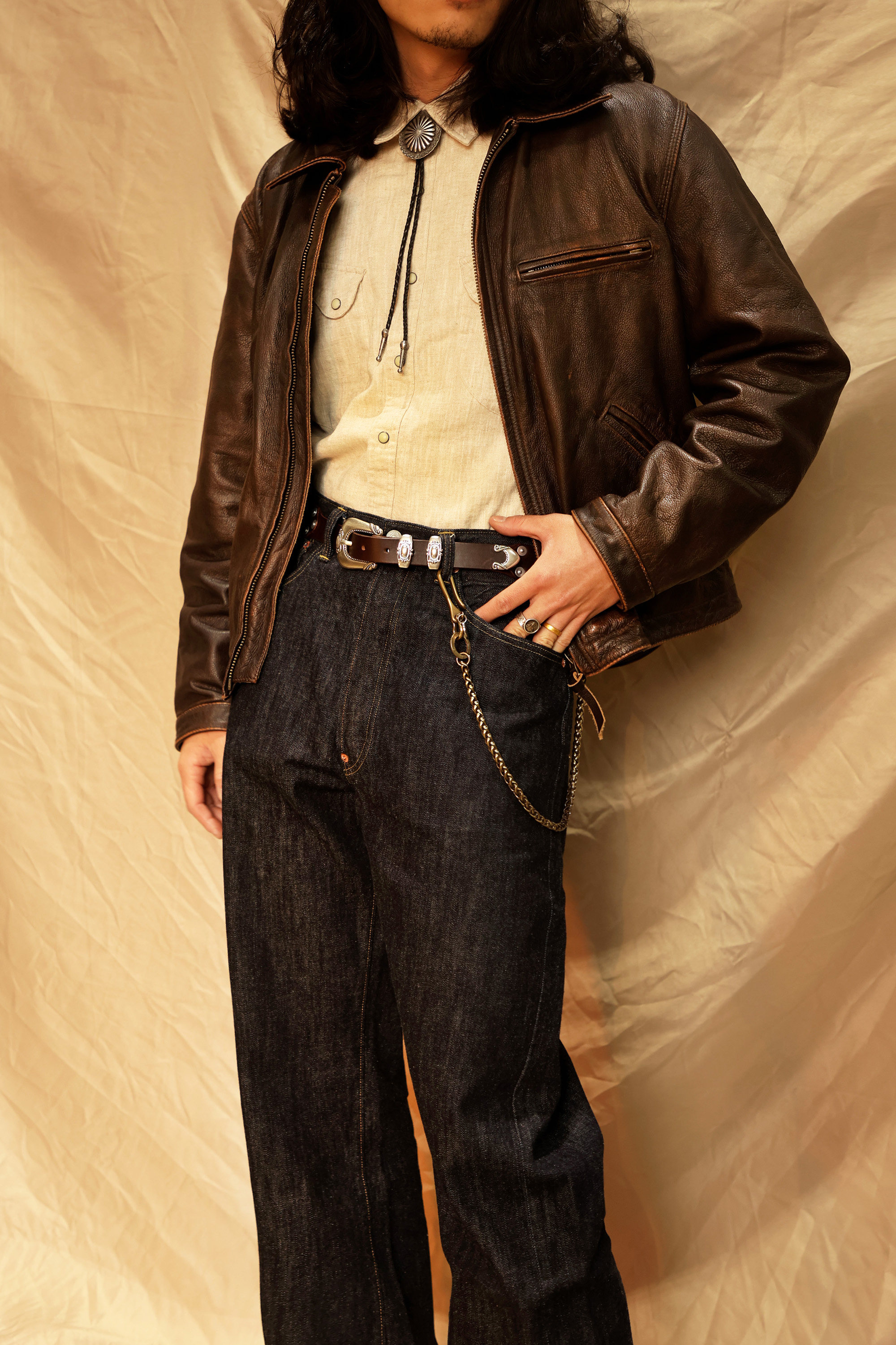 Silver rivet engraved top-grain leather belt 3.5cm