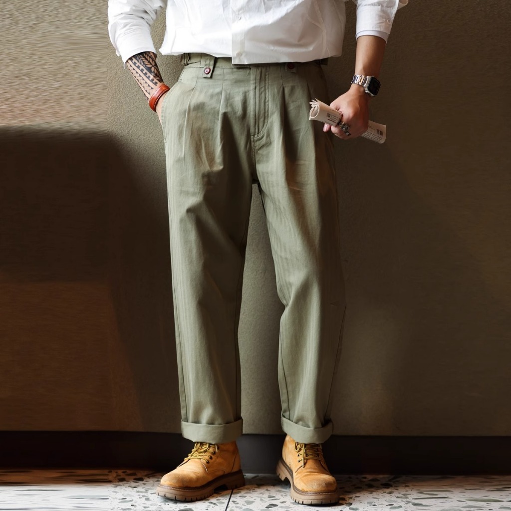Retro Naples Trousers Gentleman Paris Buckle Design Gurkha Ami Khaki Casual Overalls