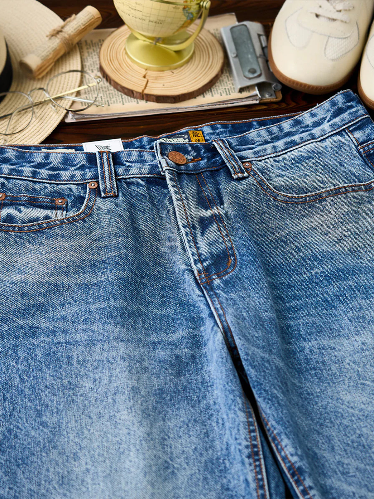 Washed & Whiskered Blue Straight Denim Pants