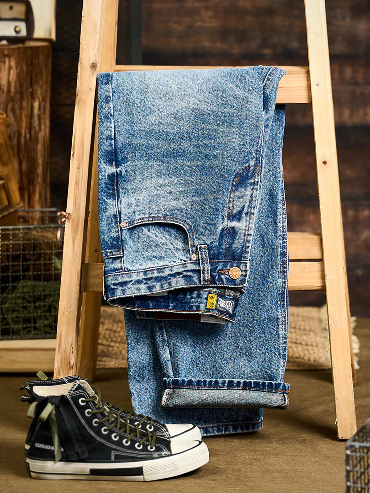 Washed & Whiskered Blue Straight Denim Pants