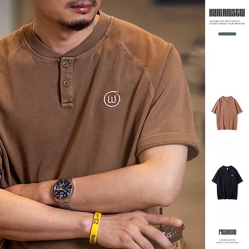 Henry Collar Short-Sleeved Men Embroidered Pure Cotton Washed Melade t-Shirt Men