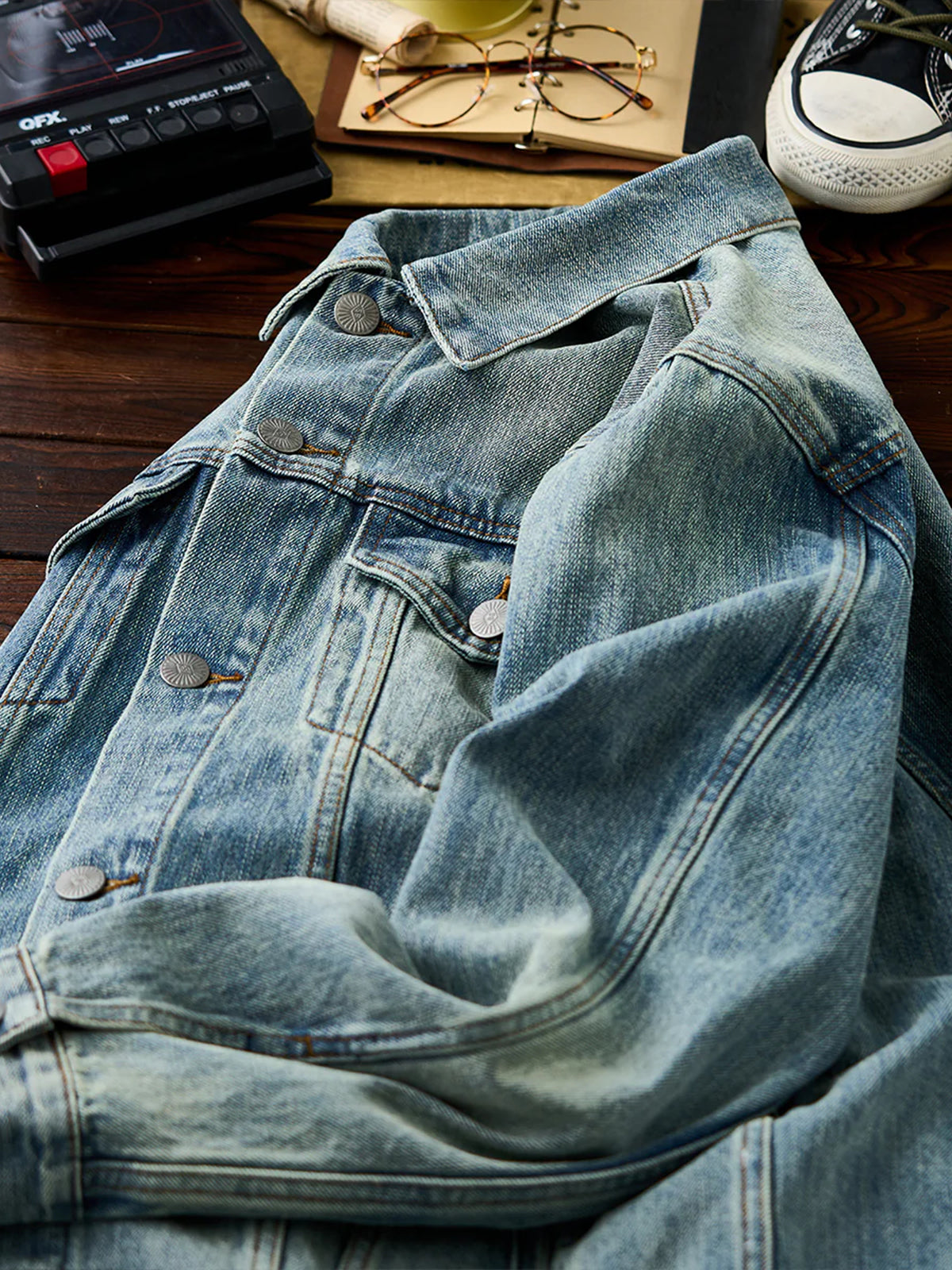 W Mini Embroidery Stone-Washed Denim Work Jacket