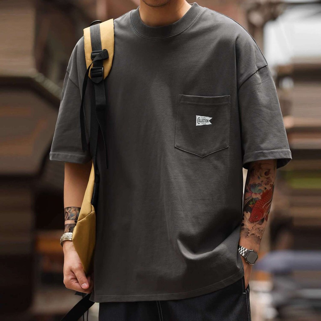 Wuluwear American Style 280g Short-Sleeved T-Shirt Men's Pocket Design Pure Cotton Casual Half-Sleeved Bottoming Shirt