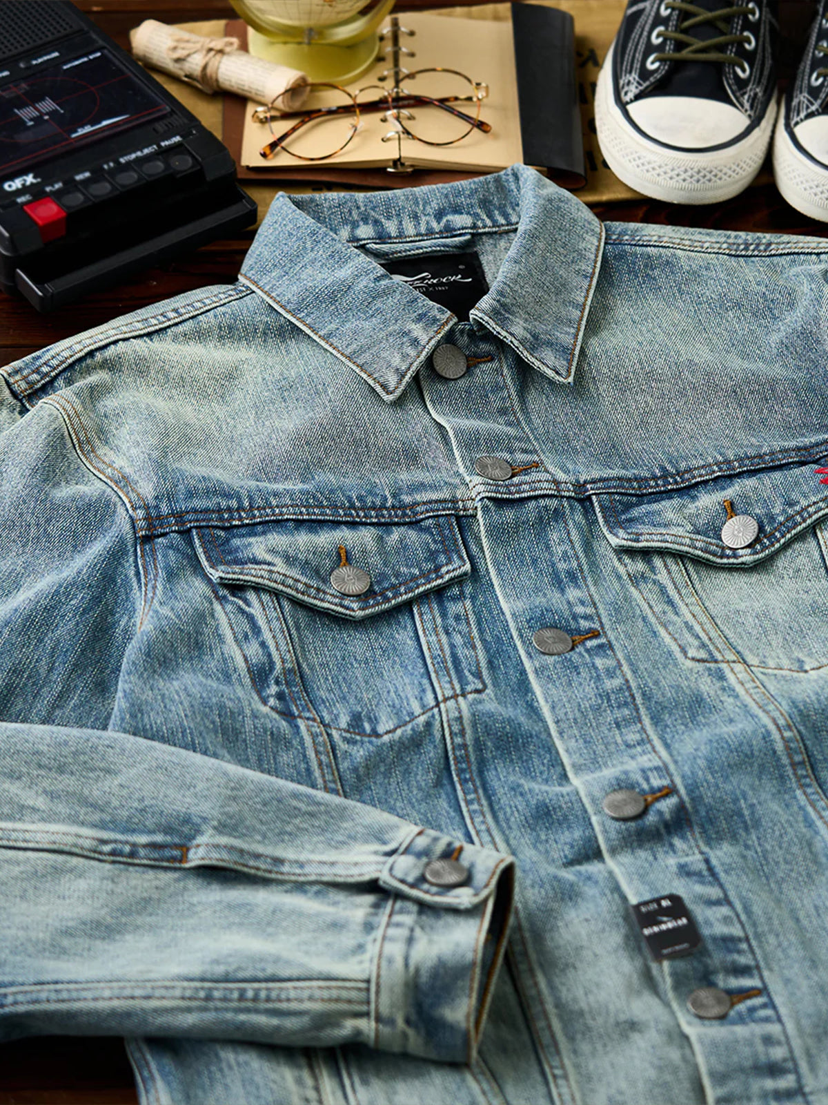 W Mini Embroidery Stone-Washed Denim Work Jacket