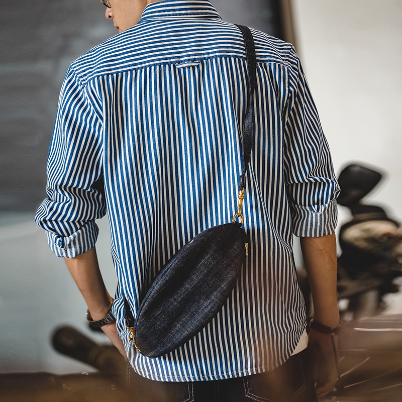 Striped Shirt Men Retro American Blue Denim Thick Vertical Striped Shirt Long-Sleeved Lapel Shirt Men's Trendy