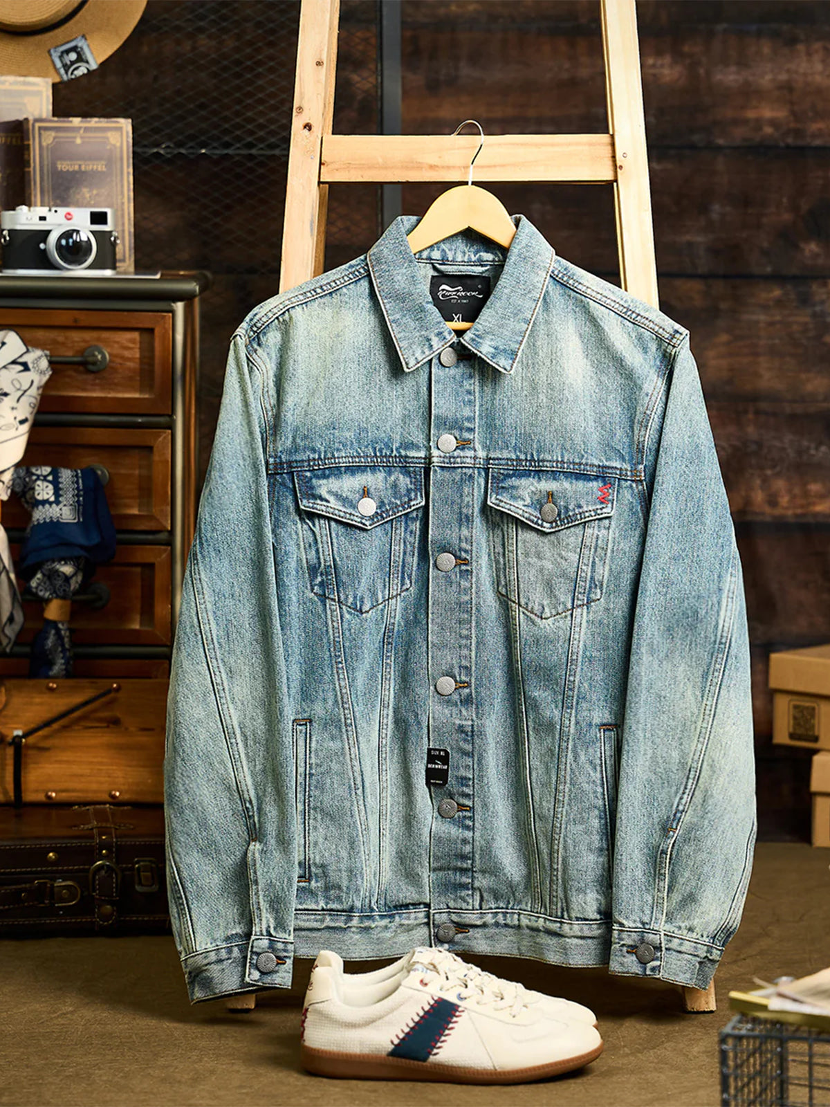 W Mini Embroidery Stone-Washed Denim Work Jacket