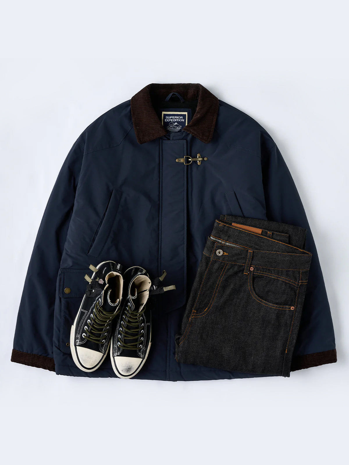 Hunting Jacket with Corduroy Collar and Hook Buttons