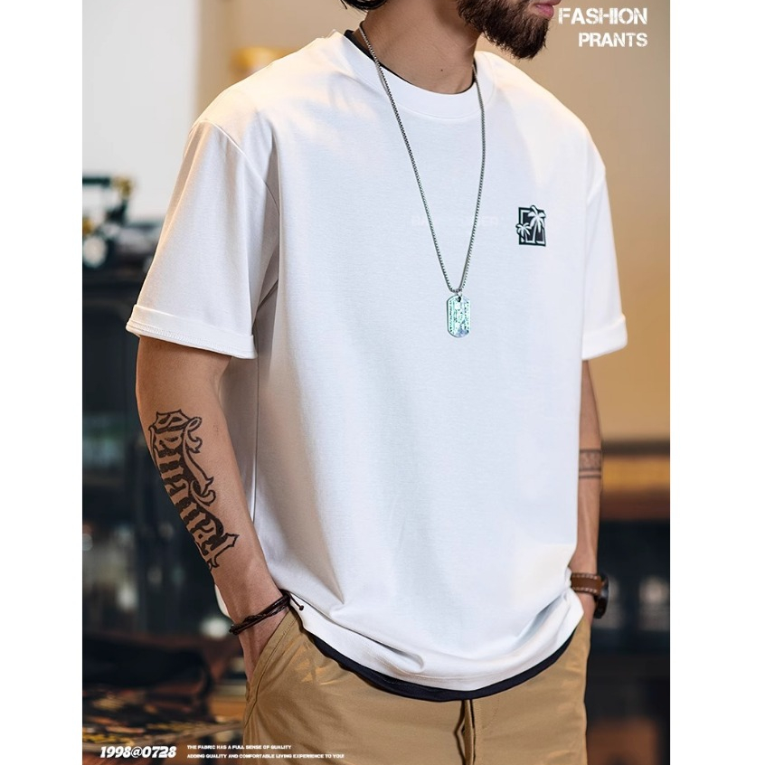 Casual Textured Suede Printed Round Neck Half-Sleeved Tee Top Men