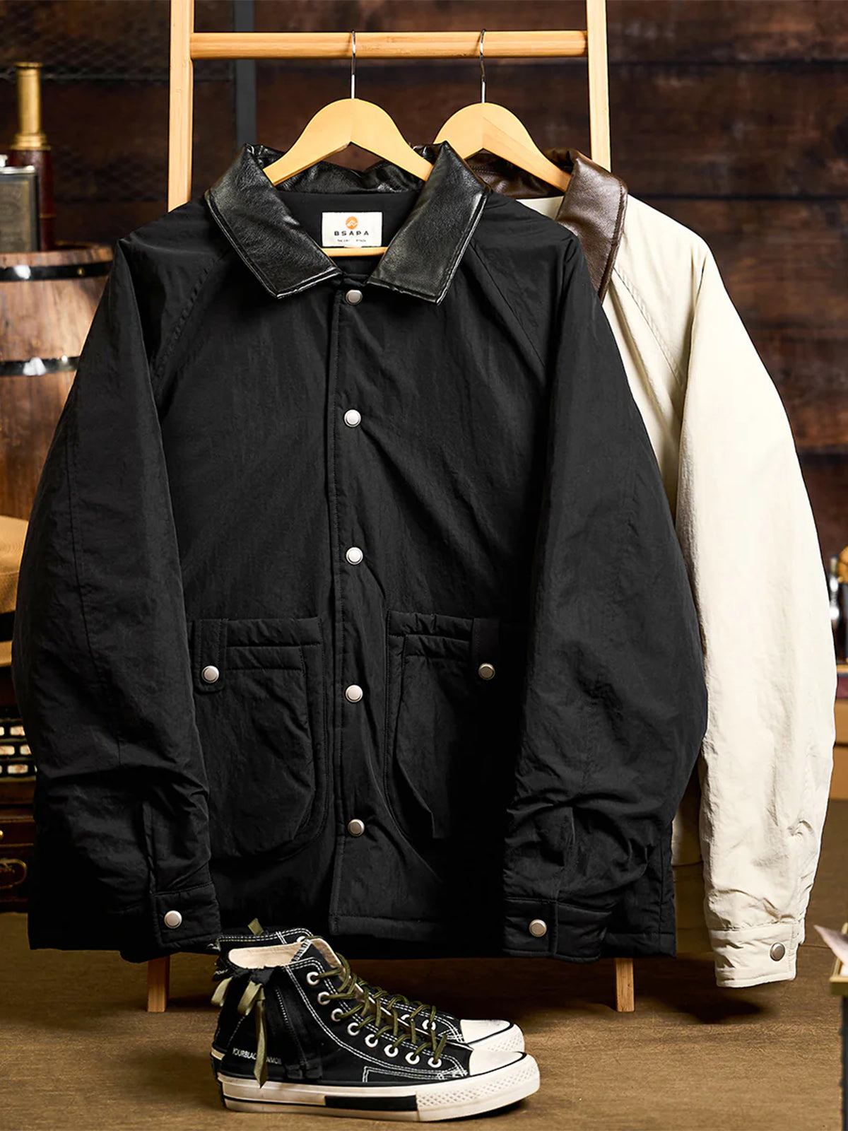 Quilted Lined Hunting Jacket with Leather-Style Collar