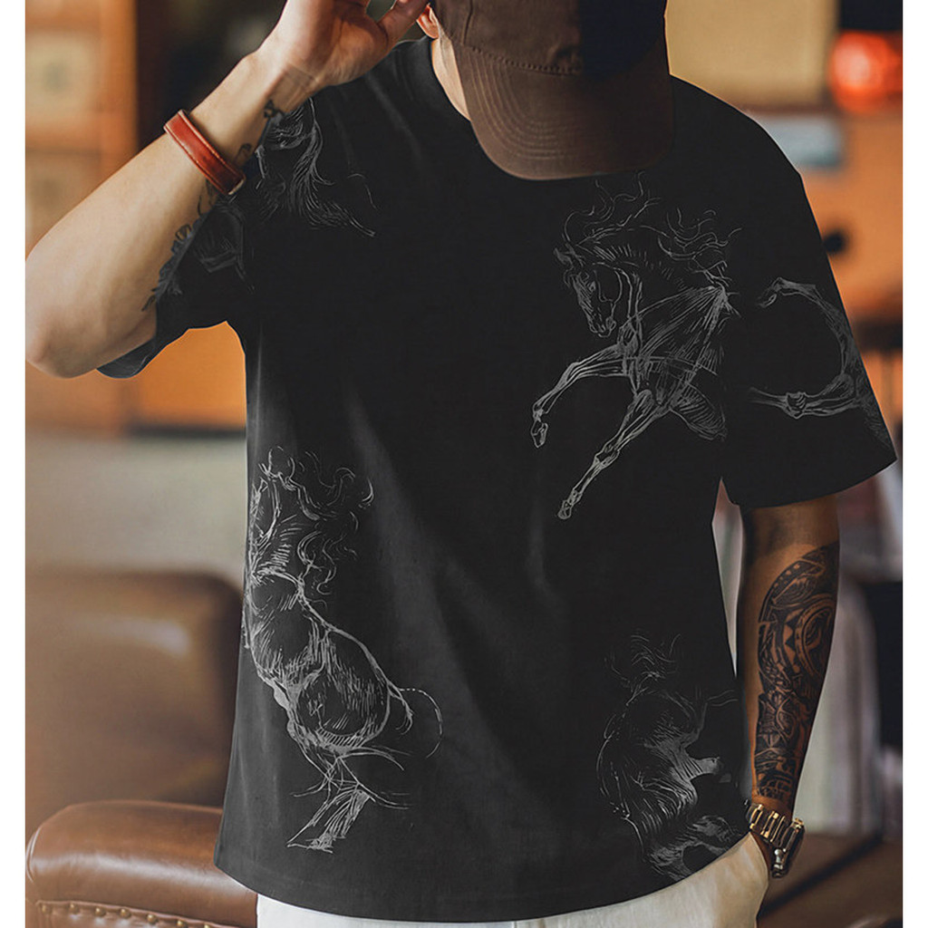 Wuluwear American Linen Blended Year of the Horse Printed Short-Sleeved T-Shirt Men Summer Loose All-Match Round Neck Design Bott