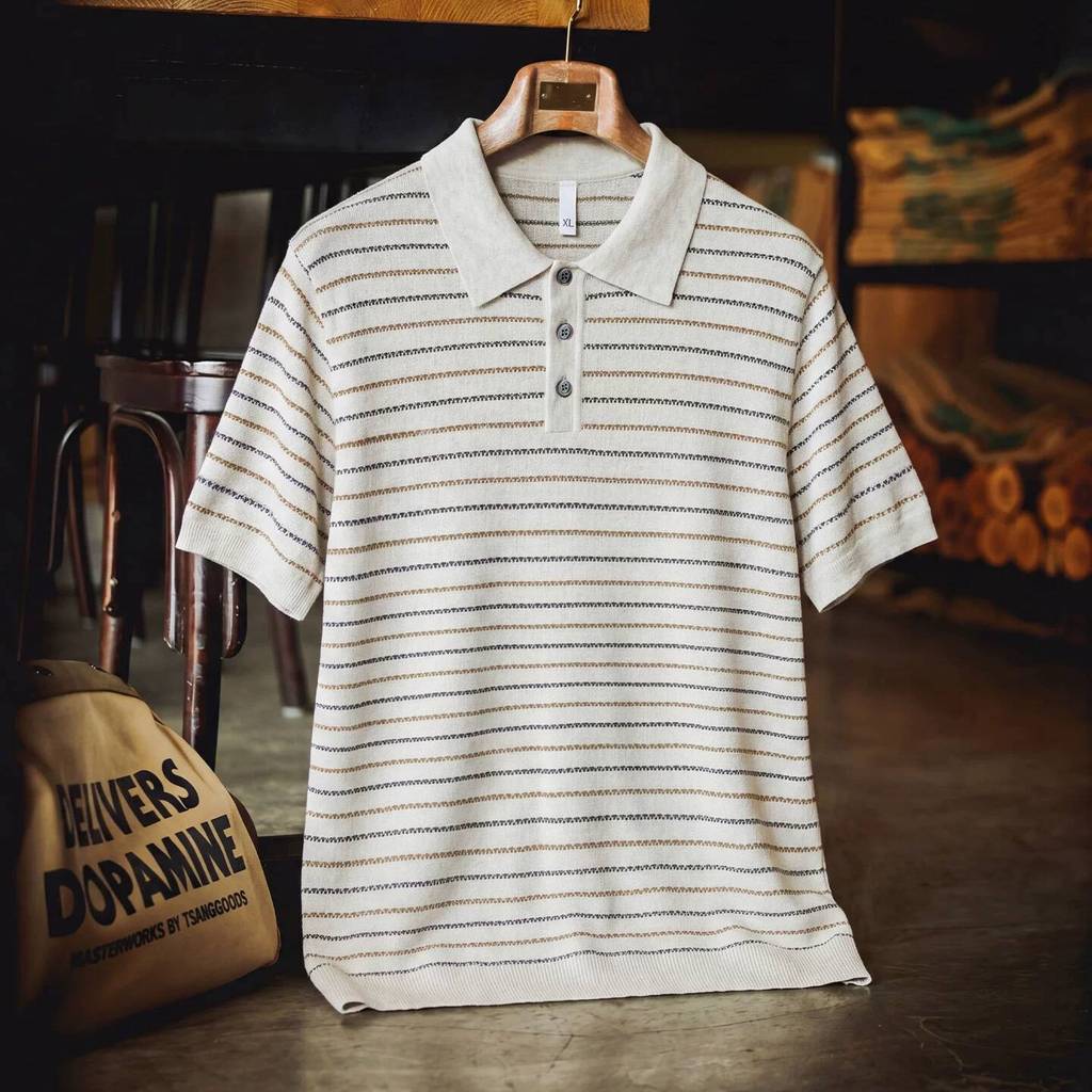 Wuluwear Summer New Style American Style Contrast Color Striped Knitted polo Shirt Men Loose Old Money Style Commuter Texture Breathable Short Sleeves