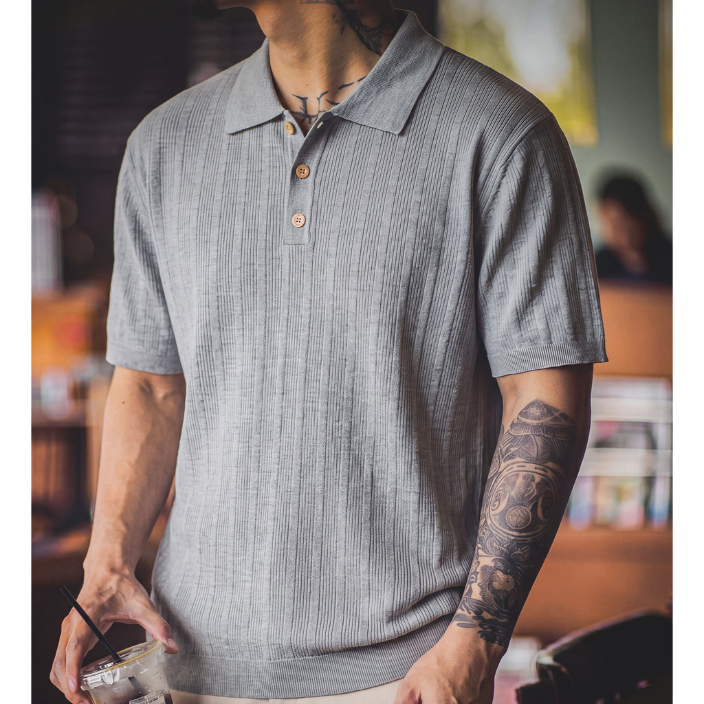Wuluwear Men's Lyocell Knitted polo Shirt Summer Slightly Wide Old Money Style Commuter Gray Lapel Short-Sleeved T-Shirt Top T